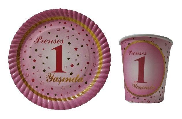 Toptan 1 Yaş Pembe Temalı Tabak Bardak Seti 8li