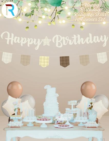 Toptan Kaligrafi Banner Krem Happy Birthday