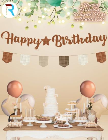 Toptan Kaligrafi Banner Kahverengi Happy Birthday