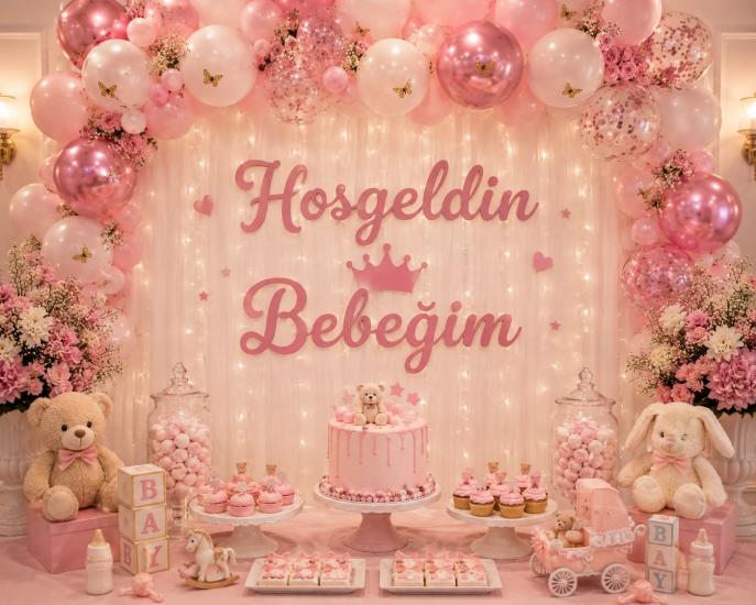 Toptan Hoşgeldin Bebeğim Pembe Kaligrafi Banner
