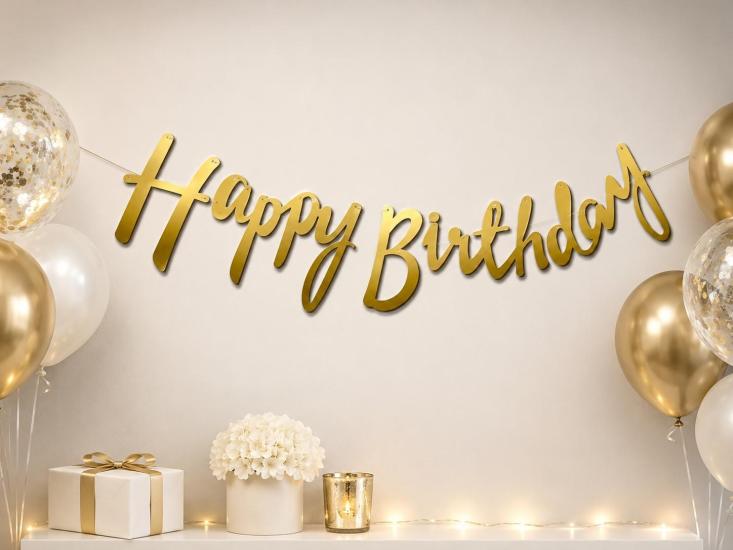 Toptan Kaligrafi Banner Happy Birthday Gold