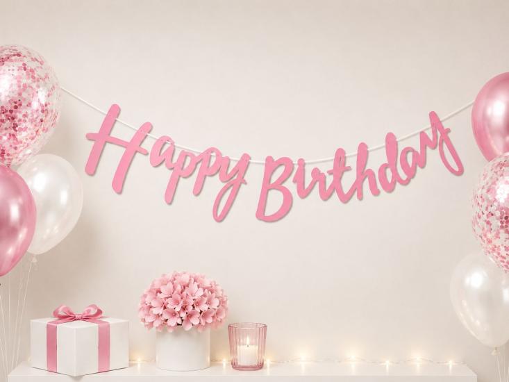 Toptan Kaligrafi Banner Happy Birthday Pembe