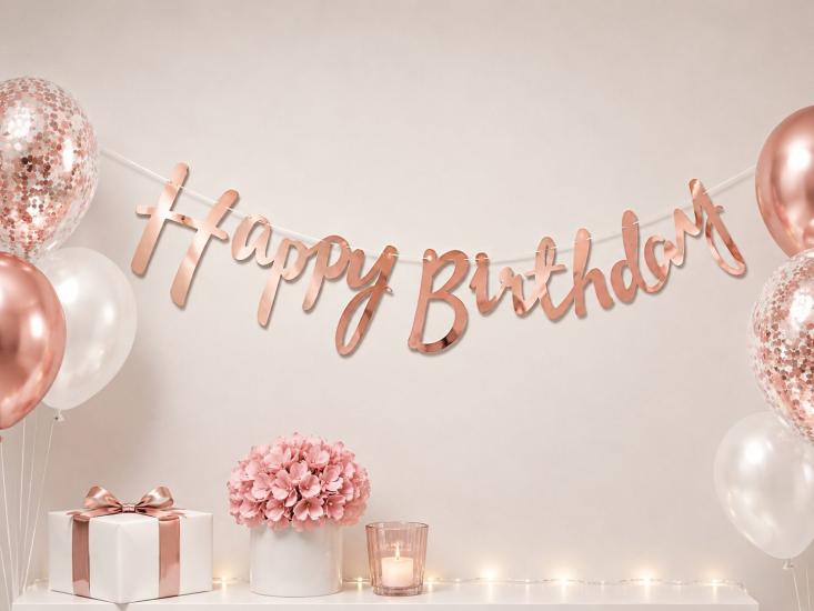 Toptan Kaligrafi Banner Happy Birthday Rosegold
