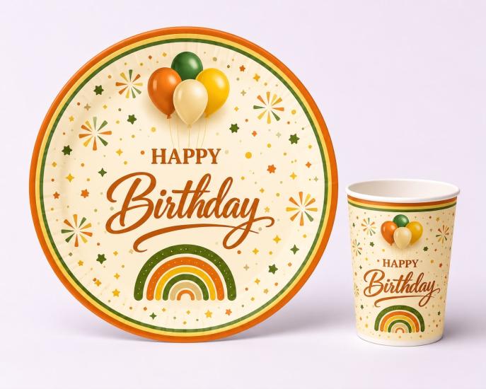 Toptan Happy Birthday Retro Temalı Tabak Bardak Seti 8li