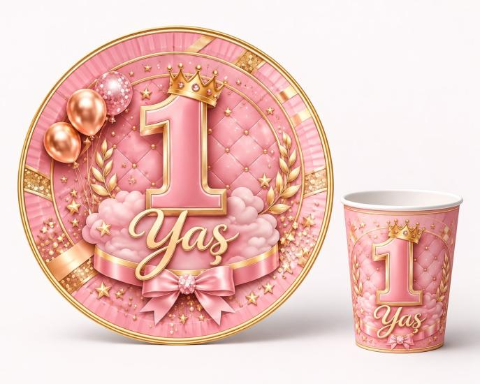 Toptan 1 Yaş Pembe Temalı Tabak Bardak Seti 8li