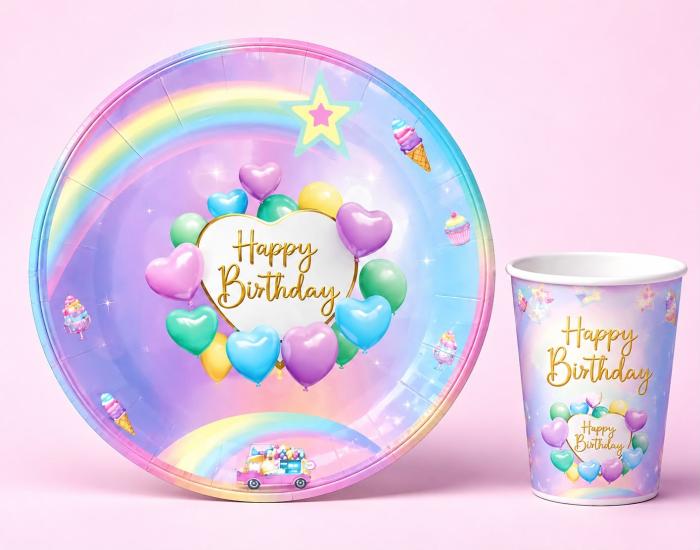 Toptan Happy Birthday Makaron Temalı Tabak Bardak Seti 8li