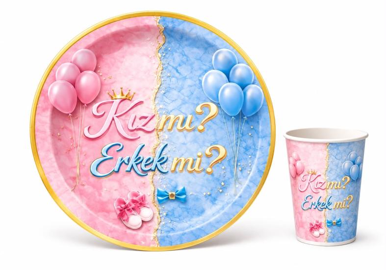 Toptan Cinsiyet Temalı Tabak Bardak Seti 8li