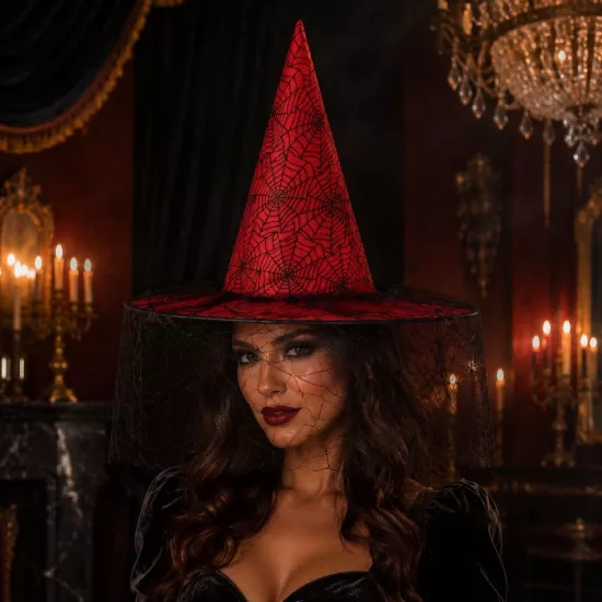 Toptan Halloween Tüllü Kırmızı Cadı Şapkası