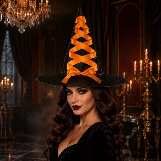 Toptan Halloween Kurdeleli Turuncu Kadife Cadı Şapkası