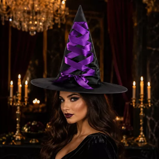 Toptan Halloween Kurdeleli Mor Kadife Cadı Şapkası