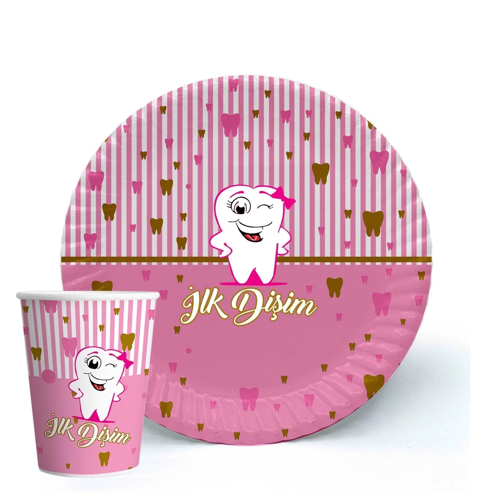 Toptan%20İlk%20Dişim%20Pembe%20Tabak%20Bardak%208li