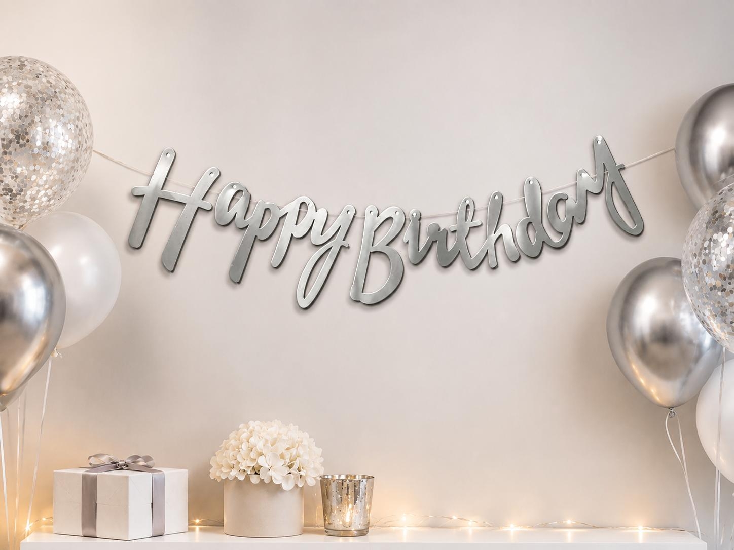 Toptan Kaligrafi Banner Happy Birthday Gümüş
