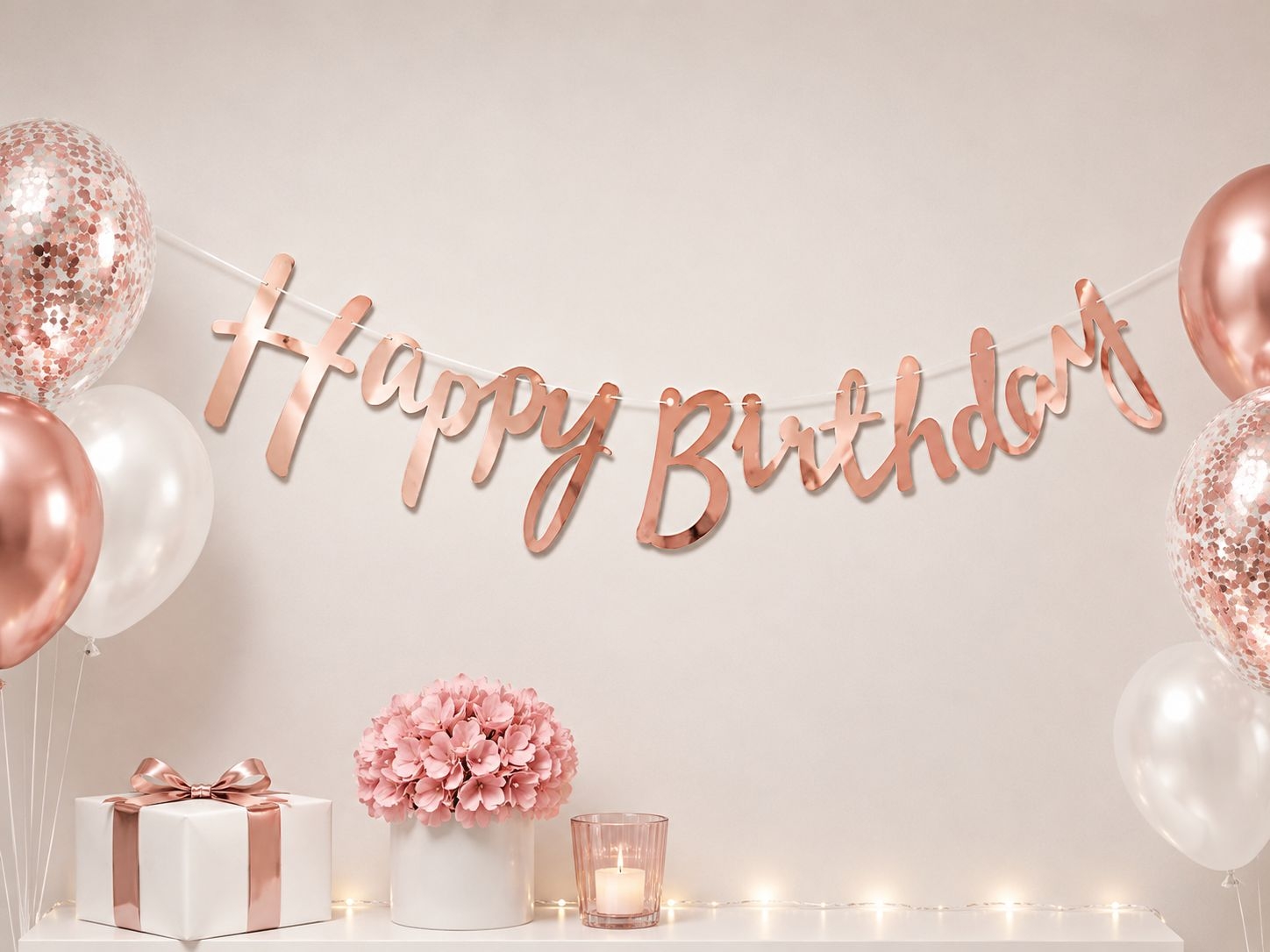 Toptan Kaligrafi Banner Happy Birthday Rosegold