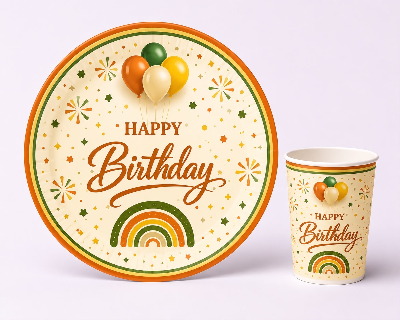 Toptan Happy Birthday Retro Temalı Tabak Bardak Seti 8li