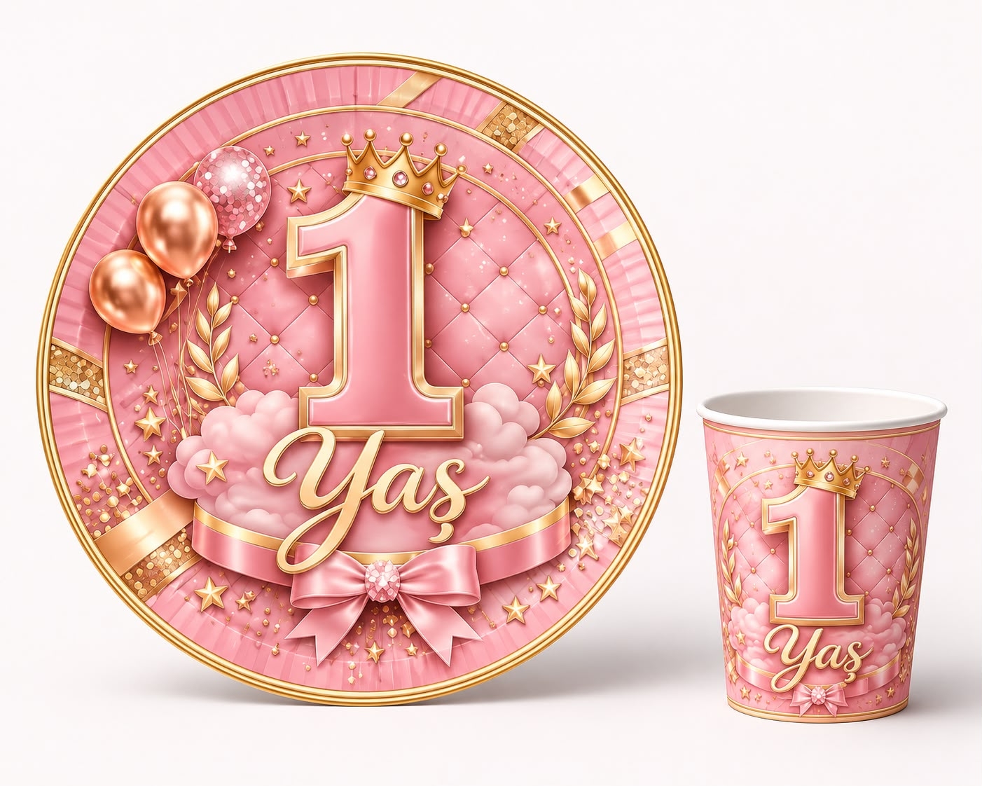 Toptan 1 Yaş Pembe Temalı Tabak Bardak Seti 8li