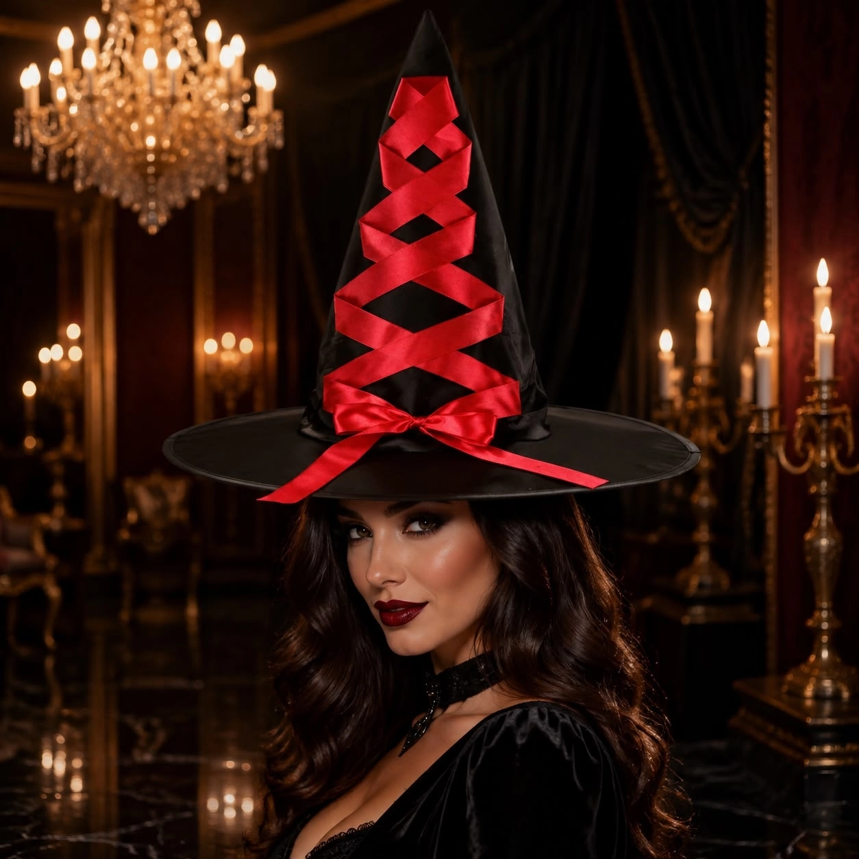 Toptan Halloween Kurdeleli Kırmızı Kadife Cadı Şapkası