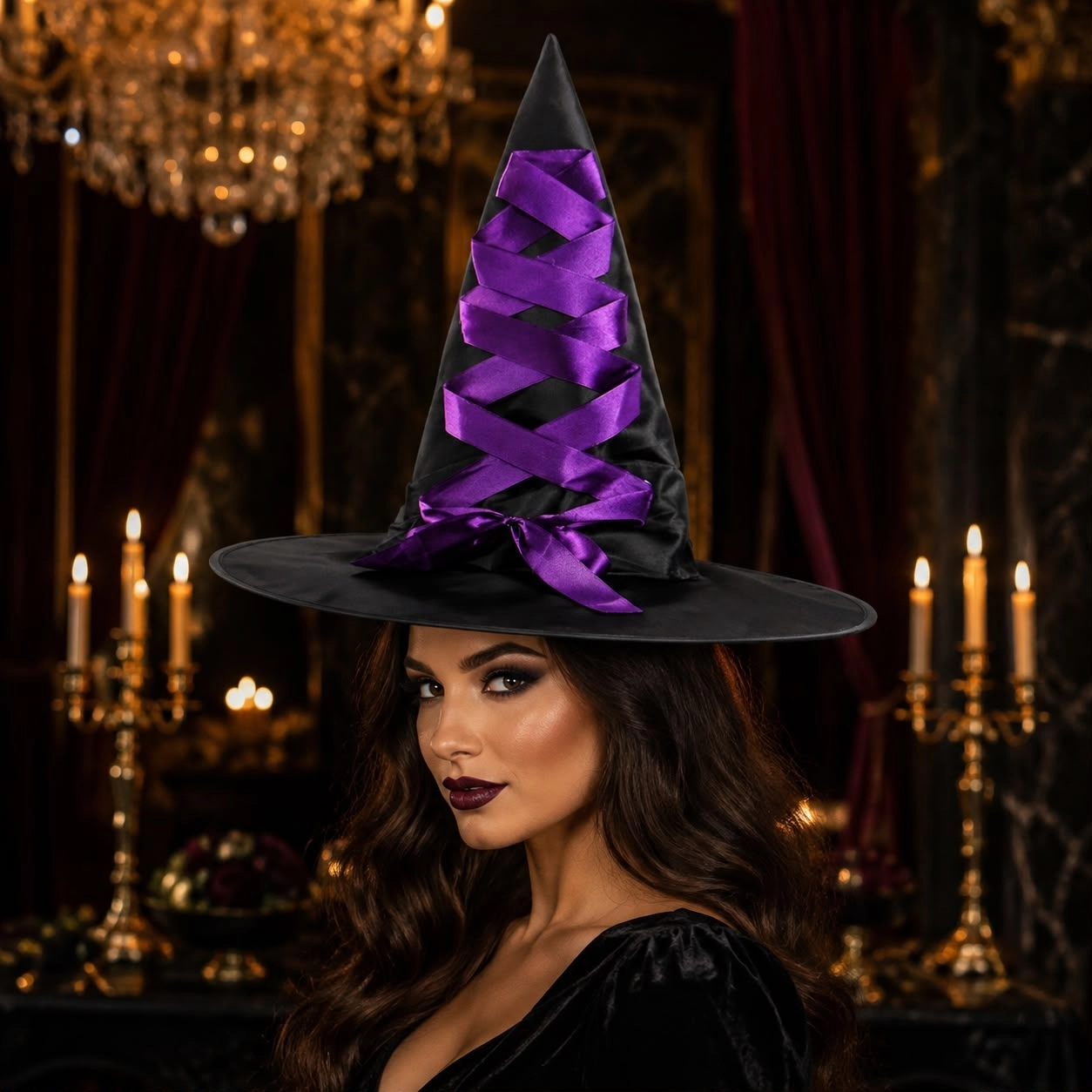 Toptan Halloween Kurdeleli Mor Kadife Cadı Şapkası