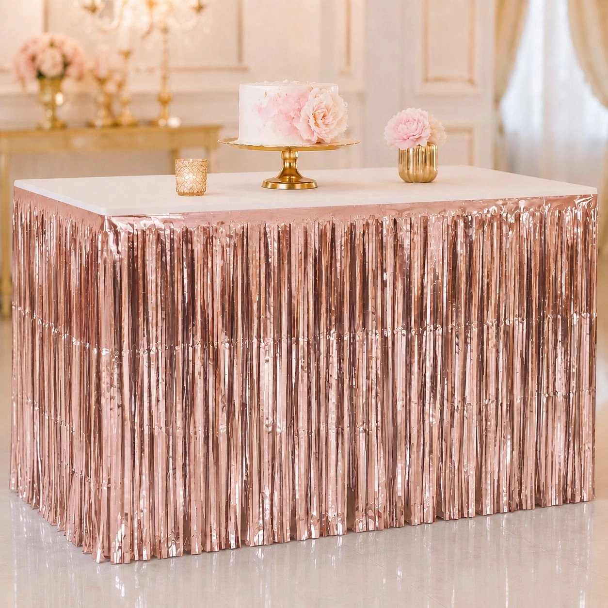 Toptan İthal Masa Eteği Püsküllü Rosegold